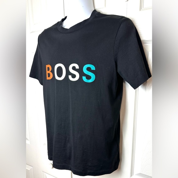 HUGO BOSS Multi Colored Logo Tee T-Shirt Short Sleeve Black Crewneck Blue Orange - Picture 2 of 11